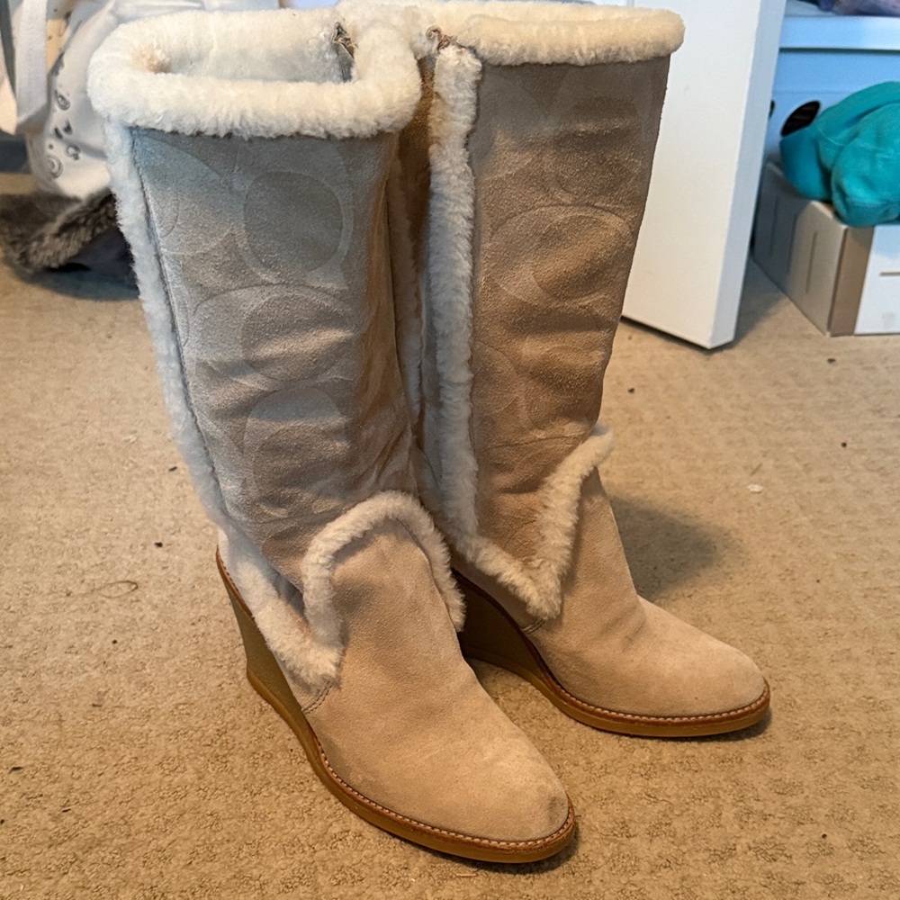 Coach tan suede with faux shearling trim wedge Boot